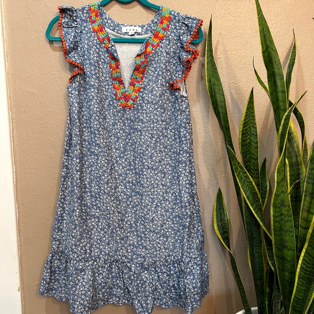 THML Blue Floral Dress with Colorful Trim